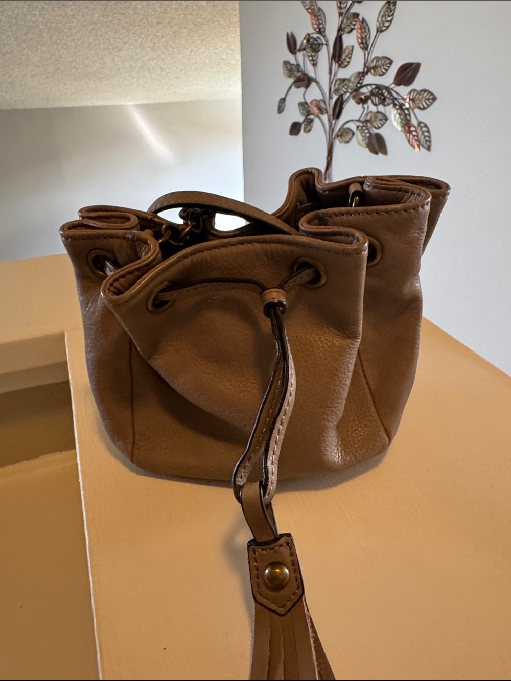 Women's Brown Leather Drawstring Shoulder Bag with Tassel